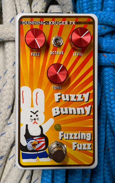 The Fuzzy Bunny pedal, decorated with an angry cartoon bunny in the style of a Soviet propaganda poster