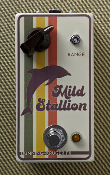 The Mild Stallion pedal, decorated with a 70s Tupperware color scheme and, nonsensically, a dolphin