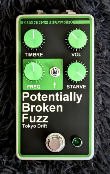 The Potentially Broken Fuzz v3 pedal, decorated in color of night and june bugs