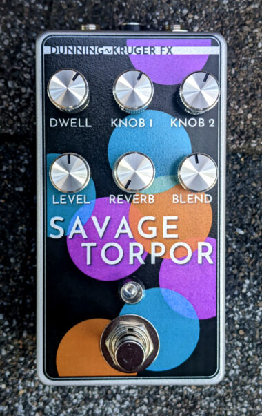 The Savage Torpor pedal, decorated with abstract circles and with too many knobs